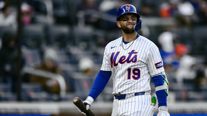 Apr 8, 2026; New York City, New York, USA; New York Mets shortstop Bo Bichette (19) reacts after striking out against the Arizona Diamondbacks during the seventh inning at Citi Field. Mandatory Credit: John Jones-Imagn Images