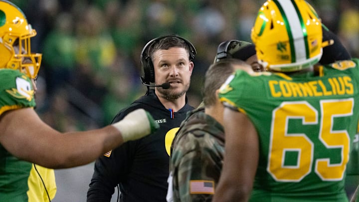 Oregon head coach Dan Lanning gathers his team during a timeout as the Oregon Ducks host the Maryland Terrapins at Autzen Stadium Saturday, Nov. 9, 2024 in Eugene, Ore. Oregon head coach Dan Lanning gathers his team during a timeout as the Oregon Ducks host the Maryland Terrapins at Autzen Stadium Saturday, Nov. 9, 2024 in Eugene, Ore.
