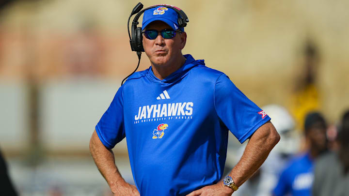 Sep 6, 2025; Columbia, Missouri, USA; Kansas Jayhawks head coach Lance Leipold reacts during the first half against the Missouri Tigers at Faurot Field at Memorial Stadium. Mandatory Credit: Jay Biggerstaff-Imagn Images