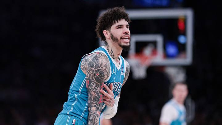 Charlotte Hornets guard LaMelo Ball (1) reacts after a basket against the New York Knicks Charlotte Hornets guard LaMelo Ball (1) reacts after a basket against the New York Knicks