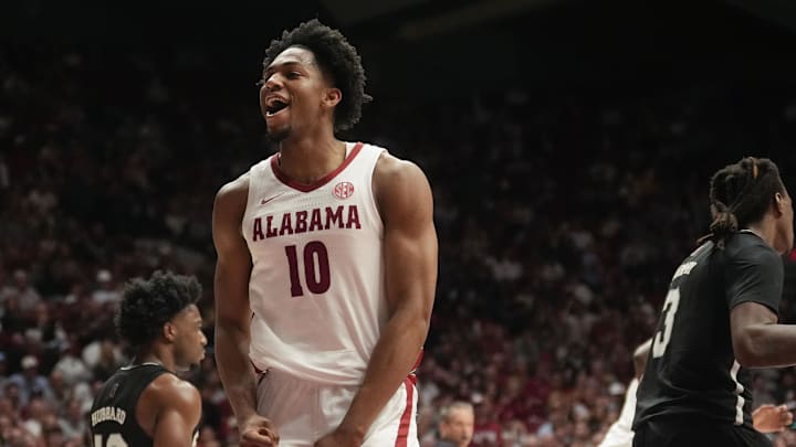 Feb 25, 2025; Tuscaloosa, AL, USA; Alabama forward Mouhamed Dioubate (10) reacts after getting a dunk against Mississippi State at Coleman Coliseum. Mandatory Credit: Gary Cosby Jr.-Tuscaloosa News Feb 25, 2025; Tuscaloosa, AL, USA; Alabama forward Mouhamed Dioubate (10) reacts after getting a dunk against Mississippi State at Coleman Coliseum. Mandatory Credit: Gary Cosby Jr.-Tuscaloosa News