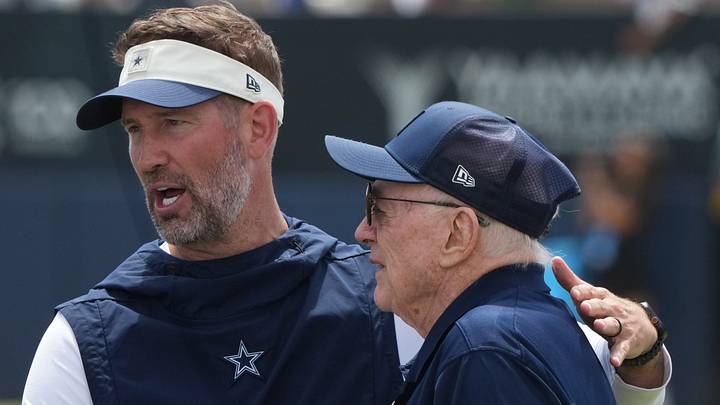 Dallas Cowboys coach Brian Schottenheimer (left) and owner Jerry Jones at training camp at River Ridge Playing Fields. Credit: Kirby Lee Dallas Cowboys coach Brian Schottenheimer (left) and owner Jerry Jones at training camp at River Ridge Playing Fields. Credit: Kirby Lee