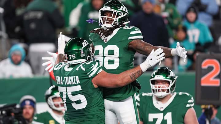 Jan 5, 2025; East Rutherford, New Jersey, USA; New York Jets tight end Kenny Yeboah (88) celebrates with guard Alijah Vera-Tucker (75) during the second half against the Miami Dolphins at MetLife Stadium. Mandatory Credit: Vincent Carchietta-Imagn Images