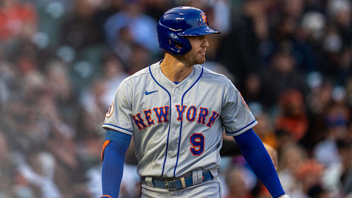 Aug 17, 2021; San Francisco, California, USA;  New York Mets center fielder Brandon Nimmo (9) reacts after being called out on strikes to end the third inning against the San Francisco Giants at Oracle Park. Mandatory Credit: Neville E. Guard-Imagn Images