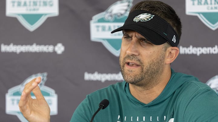  Philadelphia Eagles head coach Nick Sirianni speaks with the media during training camp at NovaCare Complex.