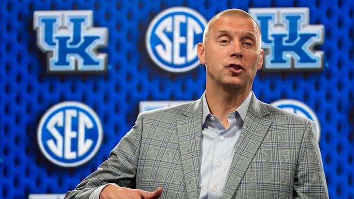 Oct 14, 2025; Birmingham, Alabama, USA; Kentucky head coach Mark Pope speaks at SEC Media Day in the Grand Bohemian Hotel.