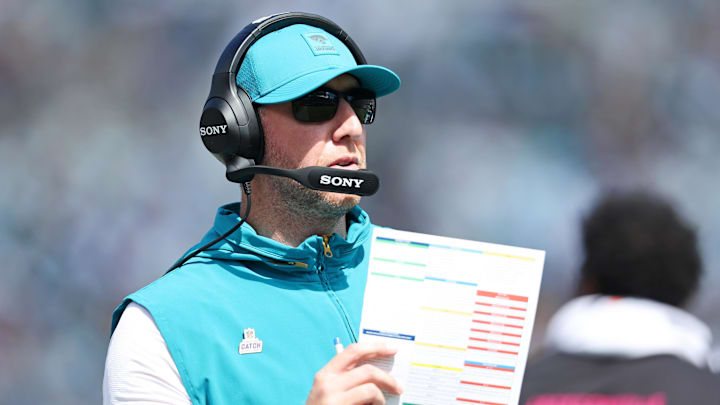 Oct 12, 2025; Jacksonville, Florida, USA; Jacksonville Jaguars head coach Liam Coen looks on during the first half against the Seattle Seahawks at EverBank Stadium. Mandatory Credit: Morgan Tencza-Imagn Images