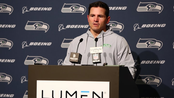 Seattle Seahawks head coach Mike MacDonald speaks in a press conference after defeating the Los Angeles Rams at Lumen Field. 