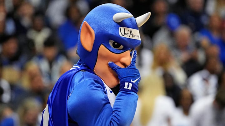Mar 27, 2025; Newark, NJ, USA; The Duke Blue Devils mascot during the first half during an East Regional semifinal of the 2025 NCAA tournament between the Duke Blue Devils and the Arizona Wildcats at Prudential Center. Mandatory Credit: Robert Deutsch-Imagn Images