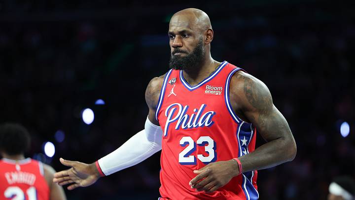 Oct 30, 2026; Philadelphia, Pennsylvania, USA; Philadelphia 76ers forward LeBron James (23) reacts after a score against the New York Knicks during the second quarter at Xfinity Mobile Arena. Mandatory Credit: Bill Streicher-Imagn Images
