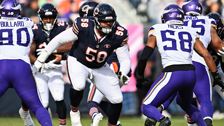 Darnell Wright takes aim against the Vikings for a block. He hasn't played left tackle in the NFL but the Bears could give him a look there.