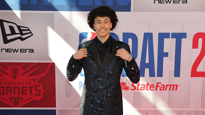 Jun 25, 2025; Brooklyn, NY, USA; Nolan Traore arrives before the first round of the 2025 NBA Draft at Barclays Center. Mandatory Credit: Brad Penner-Imagn Images Jun 25, 2025; Brooklyn, NY, USA; Nolan Traore arrives before the first round of the 2025 NBA Draft at Barclays Center. Mandatory Credit: Brad Penner-Imagn Images