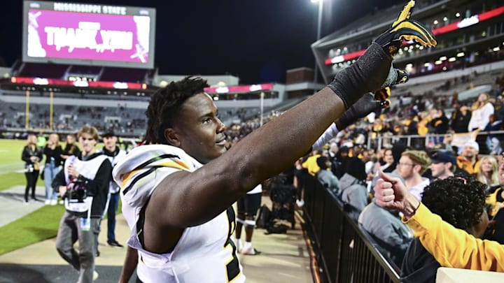 Nov 23, 2024; Starkville, Mississippi, USA; Missouri Tigers defensive end Zion Young (9) reacts after a game against the Mississippi State Bulldogs at Davis Wade Stadium at Scott Field. Mandatory Credit: Matt Bush-Imagn Images Nov 23, 2024; Starkville, Mississippi, USA; Missouri Tigers defensive end Zion Young (9) reacts after a game against the Mississippi State Bulldogs at Davis Wade Stadium at Scott Field. Mandatory Credit: Matt Bush-Imagn Images