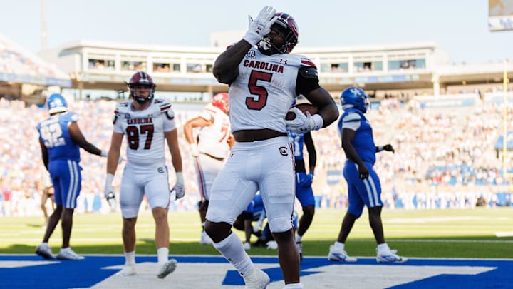 South Carolina football running back Rocket Sanders after scoring against the Kentucky Wildcats