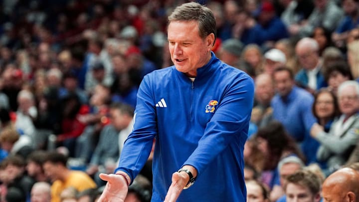 Nov 1, 2023; Lawrence, KS, USA; Kansas Jayhawks head coach Bill Self reacts toward officials against the Fort Hays State Tigers during the game at Allen Fieldhouse. Mandatory Credit: Denny Medley-Imagn Images Nov 1, 2023; Lawrence, KS, USA; Kansas Jayhawks head coach Bill Self reacts toward officials against the Fort Hays State Tigers during the game at Allen Fieldhouse. Mandatory Credit: Denny Medley-Imagn Images