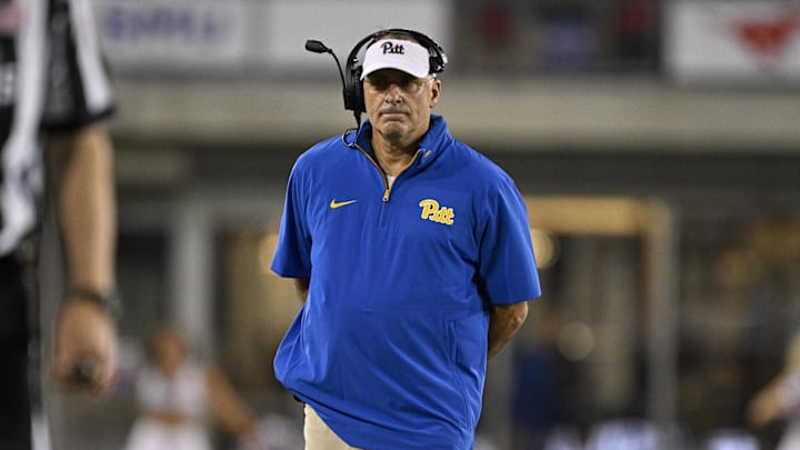 Nov 2, 2024; Dallas, Texas, USA; Pittsburgh Panthers head coach Pat Narduzzi looks on during the second half against the Southern Methodist Mustangs at Gerald J. Ford Stadium. Mandatory Credit: Jerome Miron-Imagn Images