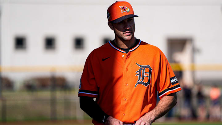 Detroit Tigers pitcher Jack Flaherty walks towards practice during spring training.