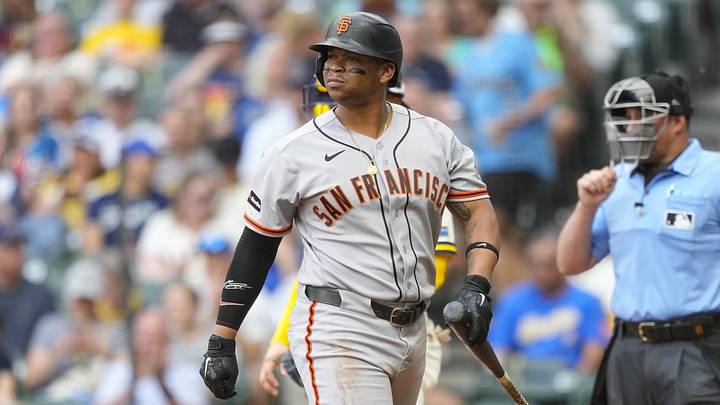 Jun 3, 2026; Milwaukee, Wisconsin, USA; San Francisco Giants first baseman Rafael Devers (16) looks around after striking out during the first inning against the Milwaukee Brewers at American Family Field. Mandatory Credit: Jeff Hanisch-Imagn Images Jun 3, 2026; Milwaukee, Wisconsin, USA; San Francisco Giants first baseman Rafael Devers (16) looks around after striking out during the first inning against the Milwaukee Brewers at American Family Field. Mandatory Credit: Jeff Hanisch-Imagn Images