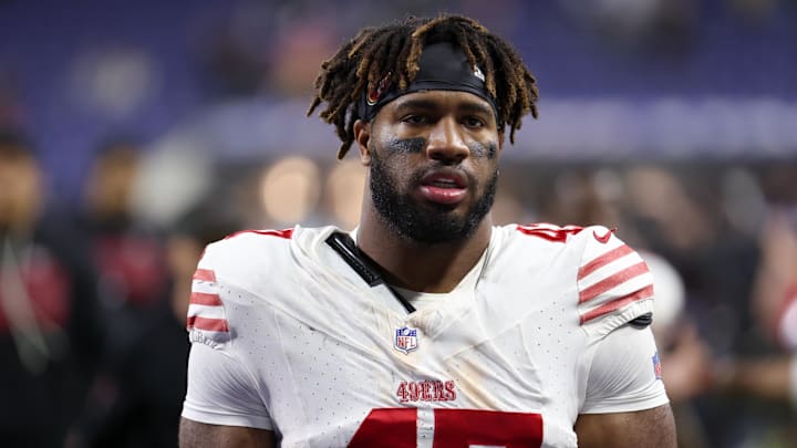 Dec 22, 2025; Indianapolis, Indiana, USA; San Francisco 49ers defensive end Bryce Huff (47) leaves the field after the game against the Indianapolis Colts at Lucas Oil Stadium. Mandatory Credit: Trevor Ruszkowski-Imagn Images