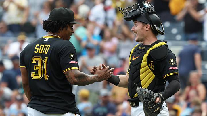 Jun 25, 2026; Pittsburgh, Pennsylvania, USA;  Pittsburgh Pirates relief pitcher Gregory Soto (31) and catcher Henry Davis (32) celebrate after defeating the Seattle Mariners at PNC Park. Mandatory Credit: Charles LeClaire-Imagn Images