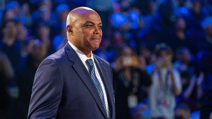 February 20, 2022; Cleveland, Ohio, USA; NBA great Charles Barkley is honored for being selected to the NBA 75th Anniversary Team during halftime in the 2022 NBA All-Star Game at Rocket Mortgage FieldHouse. Mandatory Credit: Kyle Terada-Imagn Images