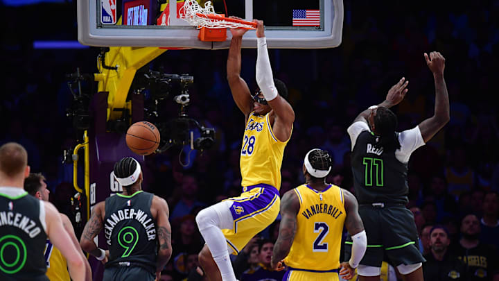 Apr 30, 2025; Los Angeles, California, USA: Los Angeles Lakers forward Rui Hachimura (28) dunks for the basket against the Minnesota Timberwolves during the second half in game five of first round for the 2025 NBA Playoffs at Crypto.com Arena. Mandatory Credit: Gary A. Vasquez-Imagn Images Apr 30, 2025; Los Angeles, California, USA: Los Angeles Lakers forward Rui Hachimura (28) dunks for the basket against the Minnesota Timberwolves during the second half in game five of first round for the 2025 NBA Playoffs at Crypto.com Arena. Mandatory Credit: Gary A. Vasquez-Imagn Images