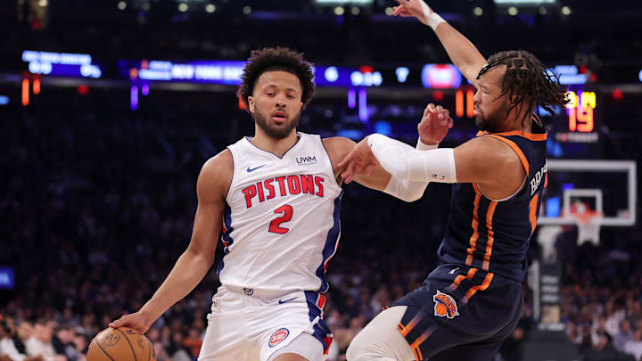 Feb 26, 2024; New York, New York, USA; Detroit Pistons guard Cade Cunningham (2) brings the ball up court against New York Knicks guard Jalen Brunson (11) during the first quarter at Madison Square Garden. Mandatory Credit: Brad Penner-Imagn Images