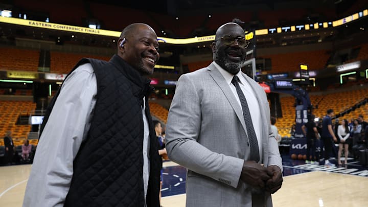 May 25, 2025; Indianapolis, Indiana, USA; Shaquille O'Neal (right) talk prior to game three of the eastern conference finals for the 2025 NBA Playoffs at Gainbridge Fieldhouse. Mandatory Credit: Trevor Ruszkowski-Imagn Images May 25, 2025; Indianapolis, Indiana, USA; Shaquille O'Neal (right) talk prior to game three of the eastern conference finals for the 2025 NBA Playoffs at Gainbridge Fieldhouse. Mandatory Credit: Trevor Ruszkowski-Imagn Images