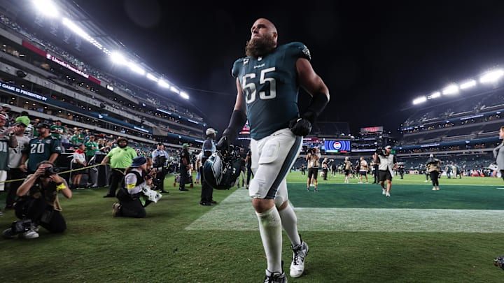 Sep 4, 2025; Philadelphia, Pennsylvania, USA; Philadelphia Eagles offensive tackle Lane Johnson (65) after a victory against the Dallas Cowboys at Lincoln Financial Field. Mandatory Credit: Bill Streicher-Imagn Images