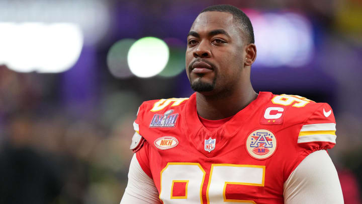 Feb 11, 2024; Paradise, Nevada, USA; Kansas City Chiefs defensive tackle Chris Jones (95) warms up before Super Bowl LVIII against the San Francisco 49ers at Allegiant Stadium. Mandatory Credit: Kirby Lee-USA TODAY Sports