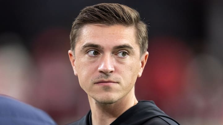 Nov 23, 2025; Glendale, Arizona, USA; Jacksonville Jaguars general manager James Gladstone against the Arizona Cardinals at State Farm Stadium. Mandatory Credit: Mark J. Rebilas-Imagn Images