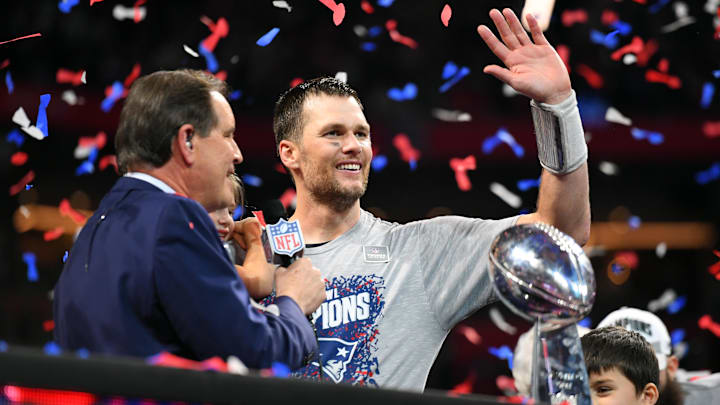 Feb 3, 2019; Atlanta, GA, USA; New England Patriots quarterback Tom Brady (12) with the Vince Lombardi Trophy after winning Super Bowl LIII against the Los Angeles Rams at Mercedes-Benz Stadium. Mandatory Credit: Christopher Hanewinckel-Imagn Images Feb 3, 2019; Atlanta, GA, USA; New England Patriots quarterback Tom Brady (12) with the Vince Lombardi Trophy after winning Super Bowl LIII against the Los Angeles Rams at Mercedes-Benz Stadium. Mandatory Credit: Christopher Hanewinckel-Imagn Images