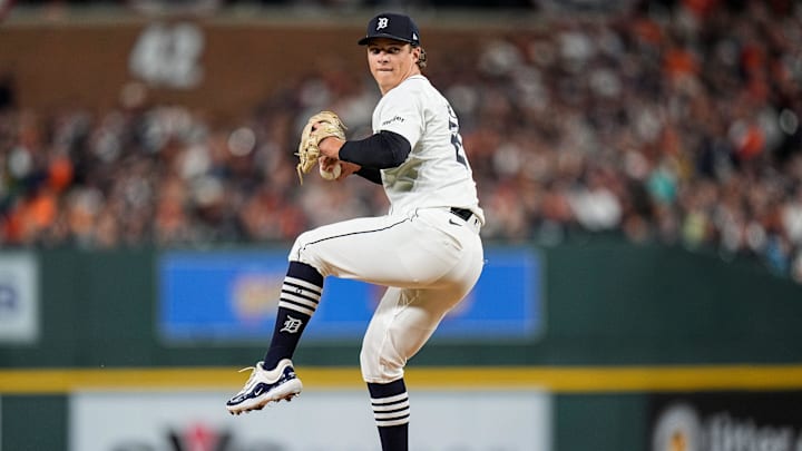 Detroit Tigers pitcher Jackson Jobe (21) throws against Cleveland Guardians during the eighth inning at Game 4 of ALDS at Comerica Park in Detroit on Thursday, Oct. 10, 2024. Detroit Tigers pitcher Jackson Jobe (21) throws against Cleveland Guardians during the eighth inning at Game 4 of ALDS at Comerica Park in Detroit on Thursday, Oct. 10, 2024.