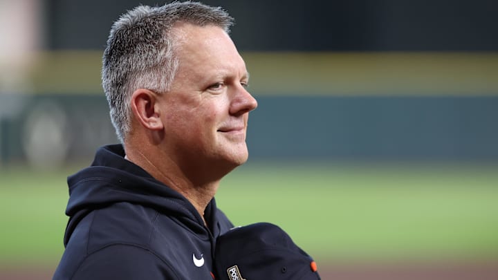 Detroit Tigers manager A.J. Hinch (14) reacts during the playing of the national anthem before game two of the Wildcard round for the 2024 MLB Playoffs against the Houston Astros at Minute Maid Park.