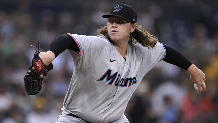 Aug 21, 2023; San Diego, California, USA; Miami Marlins starting pitcher Ryan Weathers (60) throws a