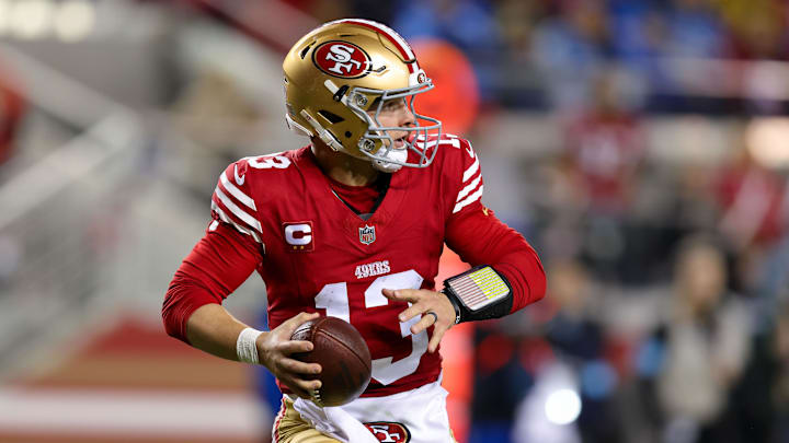 Dec 30, 2024; Santa Clara, California, USA; San Francisco 49ers quarterback Brock Purdy (13) during the game against the Detroit Lions at Levi's Stadium. Mandatory Credit: Sergio Estrada-Imagn Images Dec 30, 2024; Santa Clara, California, USA; San Francisco 49ers quarterback Brock Purdy (13) during the game against the Detroit Lions at Levi's Stadium. Mandatory Credit: Sergio Estrada-Imagn Images
