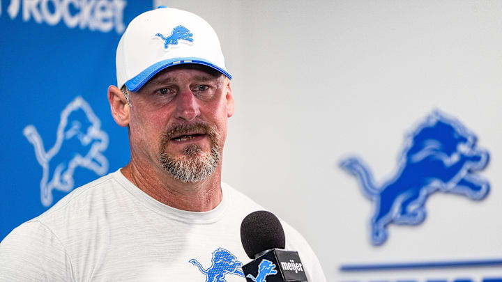 Detroit Lions head coach Dan Campbell speaks at a press conference during training camp at Meijer Performance Center in Allen Park on Sunday, July 20, 2025.