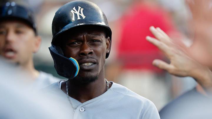 Jun 23, 2026; Detroit, Michigan, USA;  New York Yankees second baseman Jazz Chisholm Jr. (13) receives congratulations from teammates after scoring in the fourth inning against the Detroit Tigers at Comerica Park. Mandatory Credit: Rick Osentoski-Imagn Images