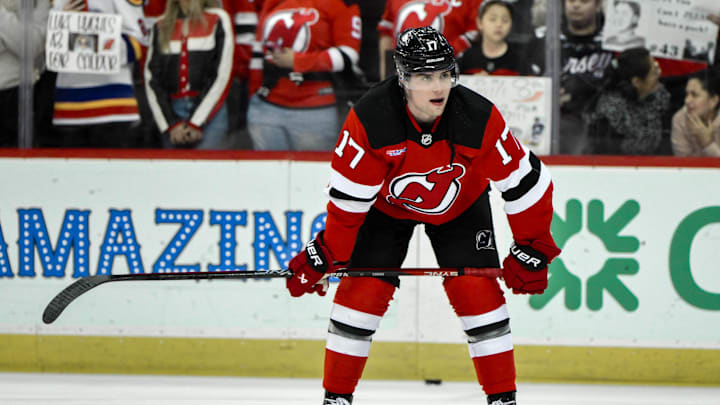 Apr 9, 2024; Newark, New Jersey, USA; New Jersey Devils defenseman Simon Nemec (17) warms up before a game against the Toronto Maple Leafs at Prudential Center. Mandatory Credit: John Jones-Imagn Images