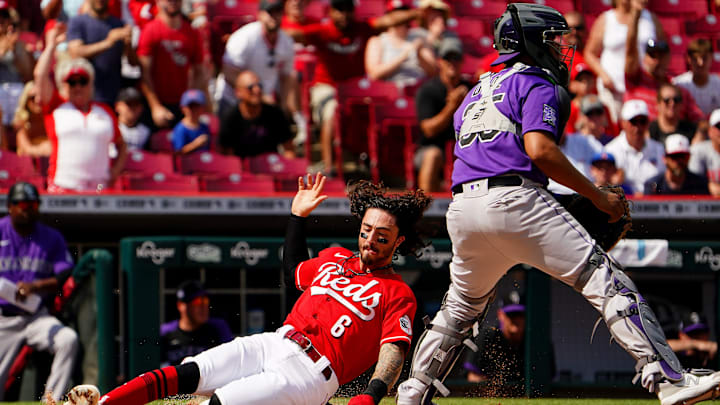 Cincinnati Reds second baseman Jonathan India (6) scores after a double.