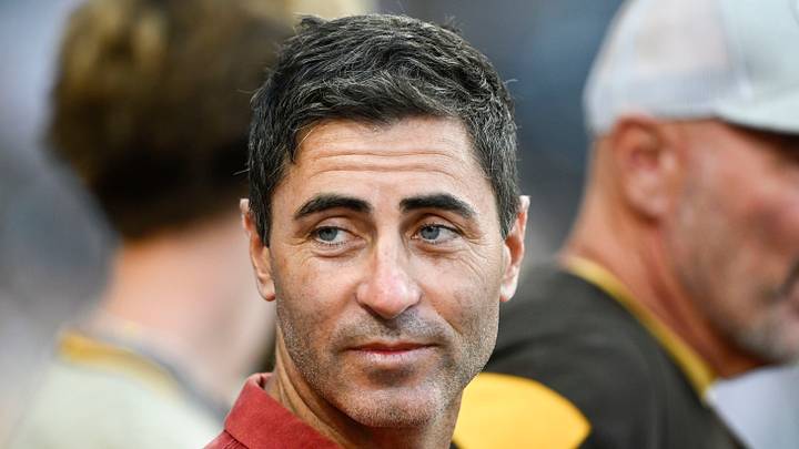 Sep 4, 2024; San Diego, California, USA; San Diego Padres general manager A.J. Preller looks on before a game against the Detroit Tigers at Petco Park. Mandatory Credit: Denis Poroy-Imagn Images