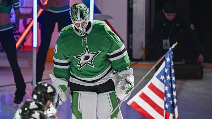 Feb 4, 2026; Dallas, Texas, USA; Dallas Stars goaltender Jake Oettinger (29) takes the ice as the Stars celebrate their 2026 Winter Olympics hockey players before the game against the St. Louis Blues at the American Airlines Center. Mandatory Credit: Jerome Miron-Imagn Images