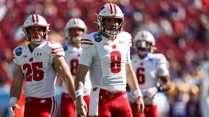 Jan 1, 2024; Tampa, FL, USA;  Wisconsin Badgers quarterback Tanner Mordecai (8) waits for a play in the ReliaQuest Bowl against the LSU Tigers.
