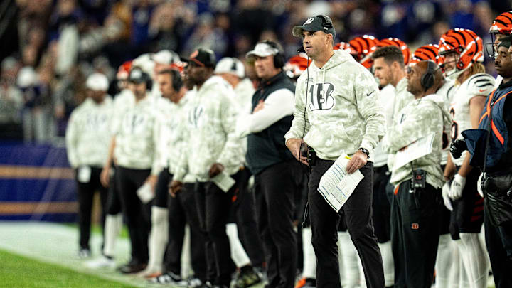Cincinnati Bengals head coach Zac Taylor looks on in the fourth quarter of the NFL game against the Baltimore Ravens at M&T Banks Stadium in Baltimore on Thursday, Nov. 7, 2024. Cincinnati Bengals head coach Zac Taylor looks on in the fourth quarter of the NFL game against the Baltimore Ravens at M&T Banks Stadium in Baltimore on Thursday, Nov. 7, 2024.