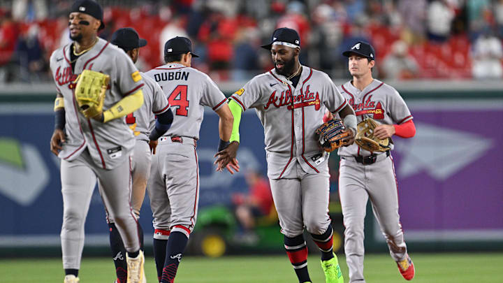 Apr 22, 2026; Washington, District of Columbia, USA;  Atlanta Braves outfielder Michael Harris II (23) celebrates with teammates celebrate after defeating the Washington Nationals at Nationals Park. Mandatory Credit: Jamie Sabau-Imagn Images