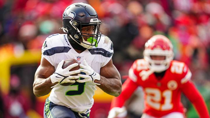 Dec 24, 2022; Kansas City, Missouri, USA; Seattle Seahawks running back Kenneth Walker III (9) runs the ball during the second half against the Kansas City Chiefs at GEHA Field at Arrowhead Stadium. Mandatory Credit: Jay Biggerstaff-USA TODAY Sports Dec 24, 2022; Kansas City, Missouri, USA; Seattle Seahawks running back Kenneth Walker III (9) runs the ball during the second half against the Kansas City Chiefs at GEHA Field at Arrowhead Stadium. Mandatory Credit: Jay Biggerstaff-USA TODAY Sports