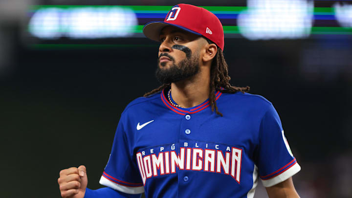 Dominican Republic right fielder Fernando Tatis Jr. (23) reacts against Venezuela during the fifth inning at loanDepot Park. Mandatory Credit: Sam Navarro-Imagn Images