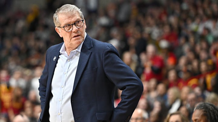 Mar 31, 2025; Spokane, WA, USA; UConn Huskies head coach Geno Auriemma looks on against the USC Trojans during the first half of a Elite 8 NCAA Tournament basketball game at Spokane Arena. Mandatory Credit: James Snook-Imagn Images