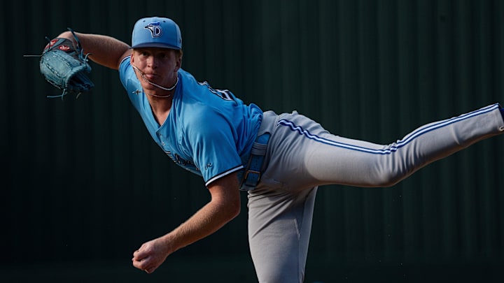 Johnny King, a pitcher for the Dunedin Blue Jays pitches against the Fort Myers Mighty Mussels at Hammond Stadium on Saturday, Aug. 2, 2025. King is a Naples High School alum and two time baseball player of the year.