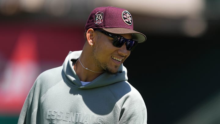 May 14, 2023; Oakland, California, USA; San Francisco 49ers quarterback Trey Lance stands on the